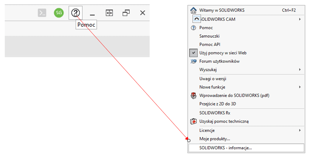 Miejsce, gdzie sprawdza się numer seryjny, numer licencji SOLIDWORKS