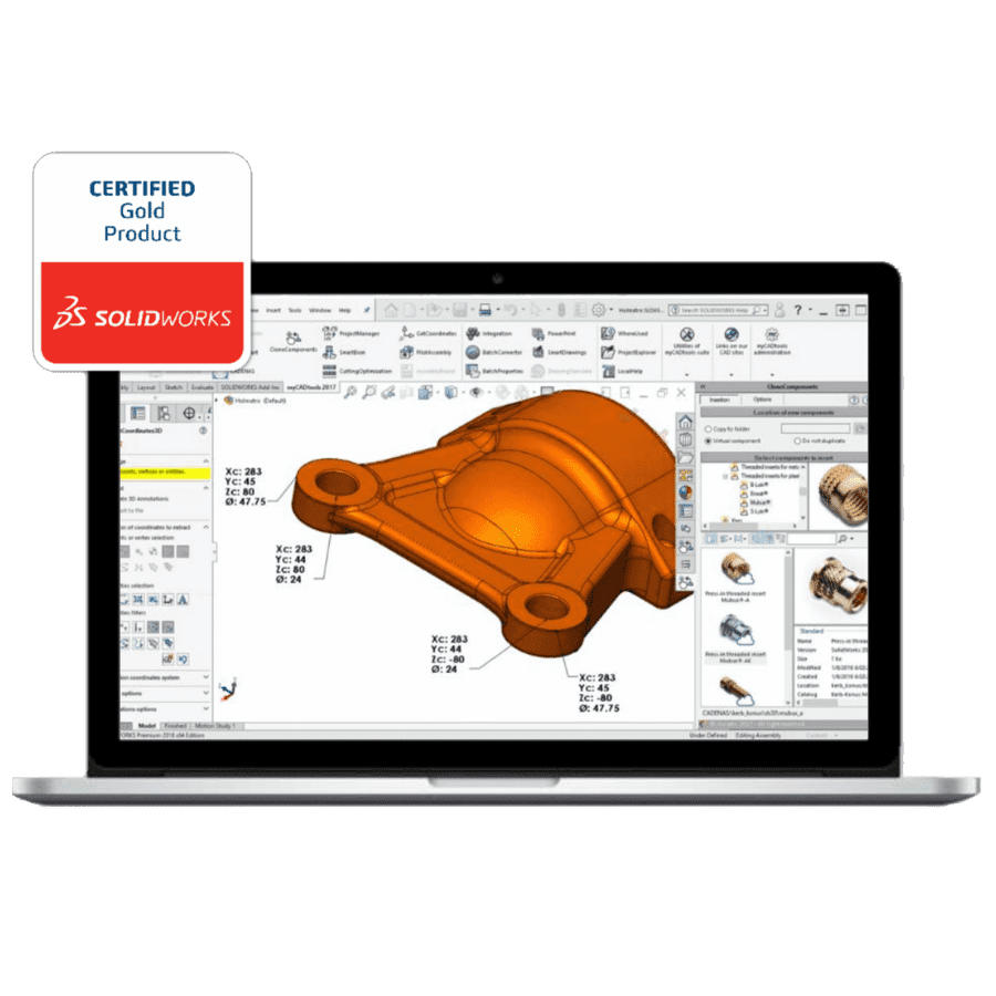 myCADtools Gold Product do SOLIDWORKS na ekranie laptopa