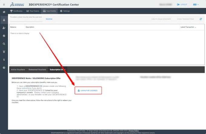 Lokalizacja przycisku LOOKUP MY LICENSES w Certification Center