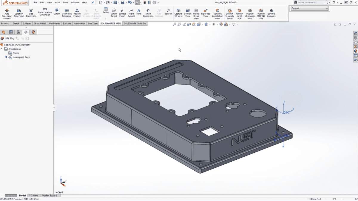 Screen z wersji testowej programu SOLIDWORKS MBD