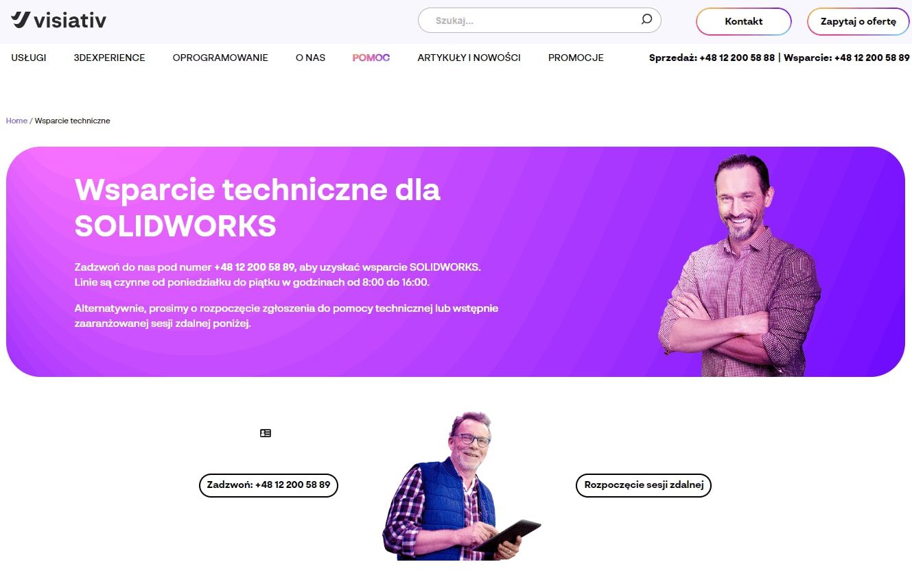 Miejsce na stronie, gdzie zamówisz pomoc techniczną SOLIDWORKS od Visiativ