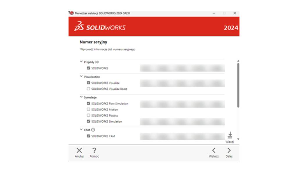 Numery seryjne SOLIDWORKS w instalatorze