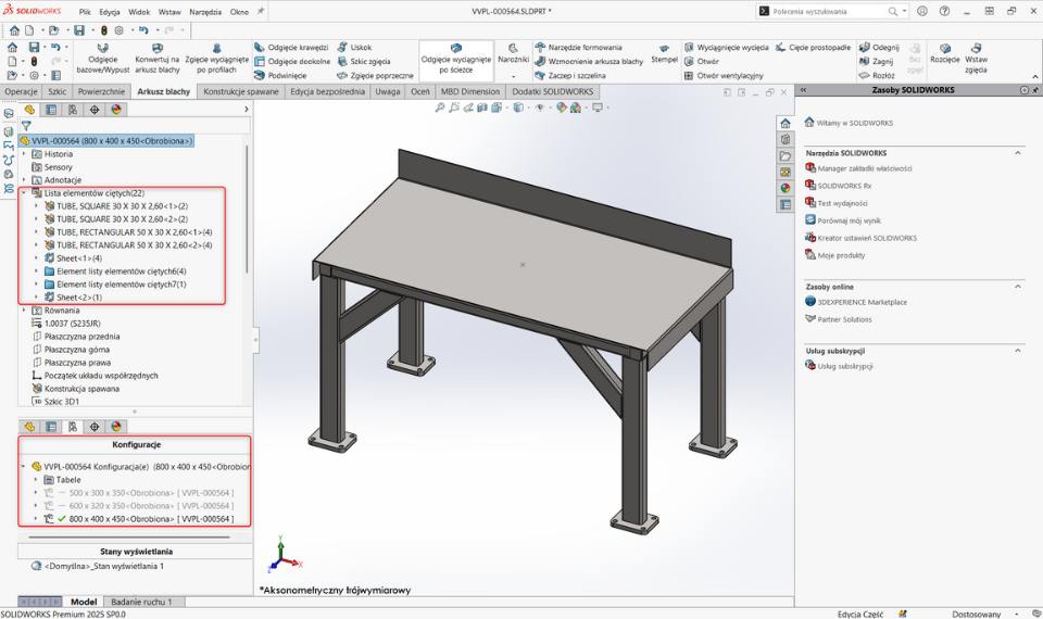 Przykładowy master model - konfiguracja SOLIDWORKS