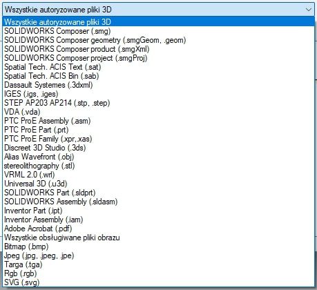 Lista wszystkich autoryzowanych formatów plików działających w SOLIDWORKS Composer