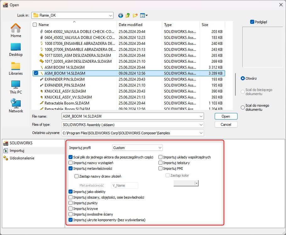 Okno z otwieraniem plików 3D w SOLIDWORKS Composer