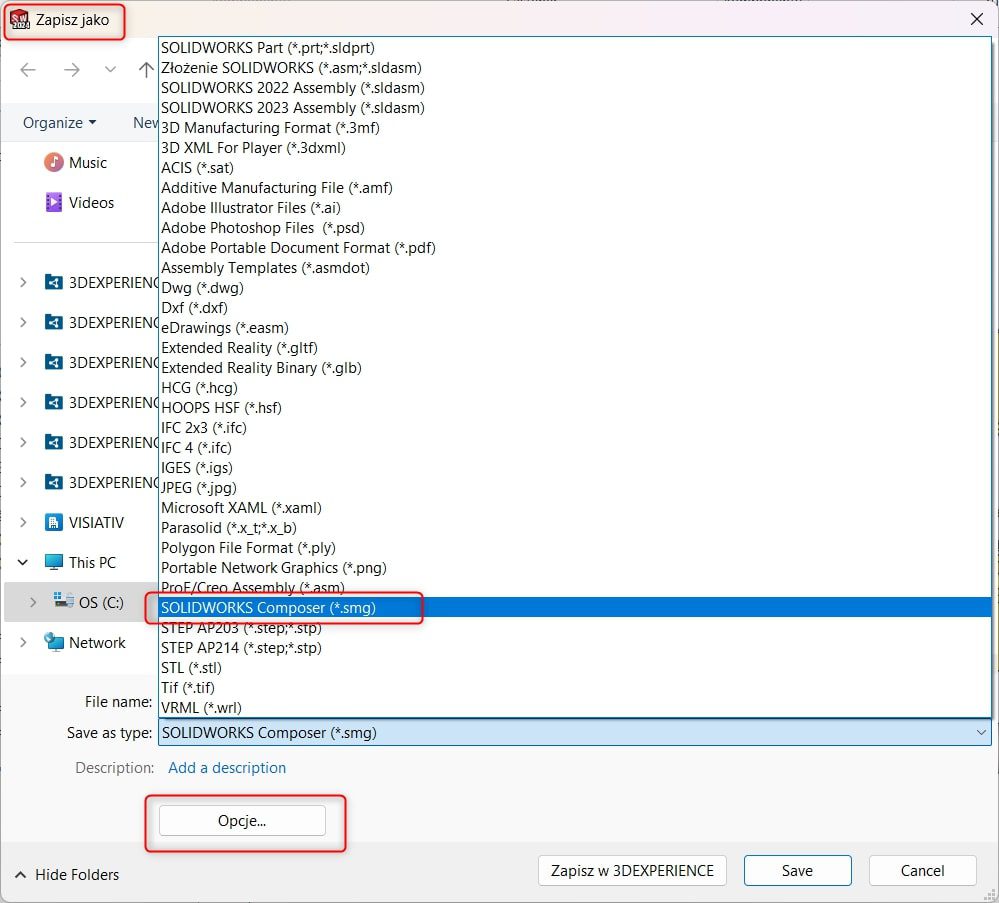 Wybieranie zapisu bezpośrednio do formatu SOLIDWORKS Composer. 