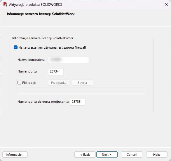 Kreator aktywacji produktu SOLIDWORKS