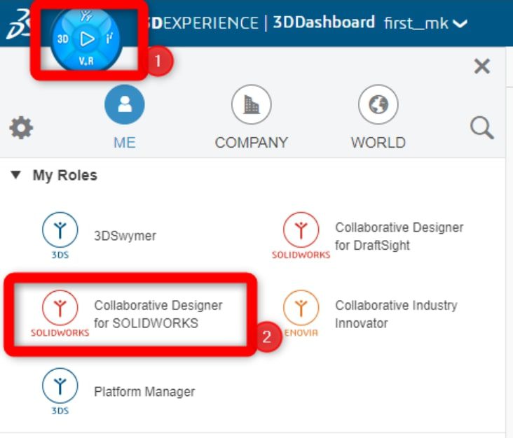 Otwieranie roli Collaborative Designer for SOLIDWORKS na platformie 3DEXPERIENCE