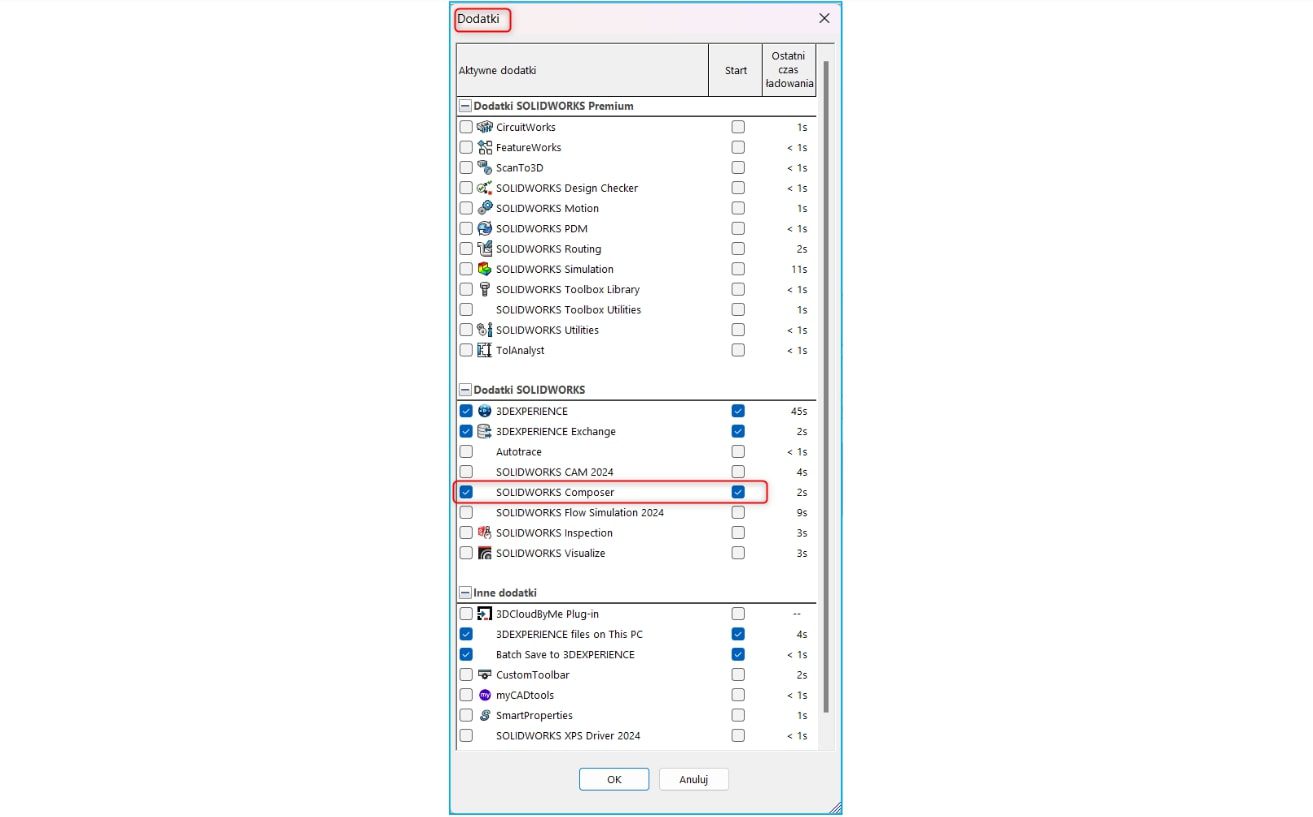 Okno wyboru dodatków w czasie instalacji SOLIDWORKS. Composer jest jedną z opcji. 