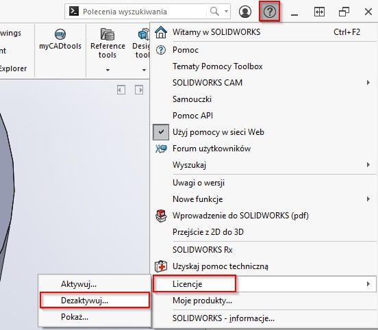 Okno dezaktywacji licencji SOLIDWORKS