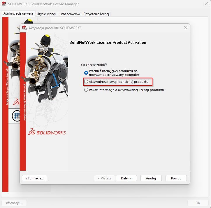 Wybór opcji aktywuj/reaktywuj licencję produktu