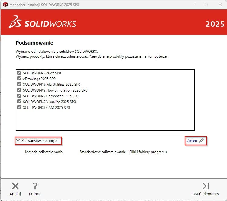 Okno dezinstalacji SOLIDWORKS