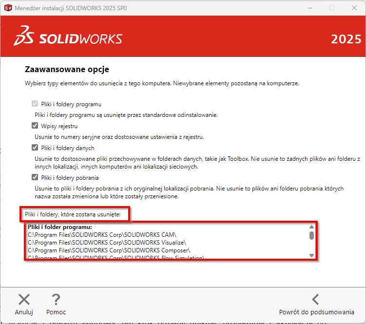 Zaawansowane opcje odinstalowywania SOLIDWORKS