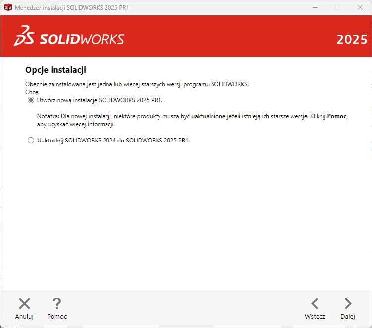 Okno wyboru sposobu instalacji SOLIDWORKS