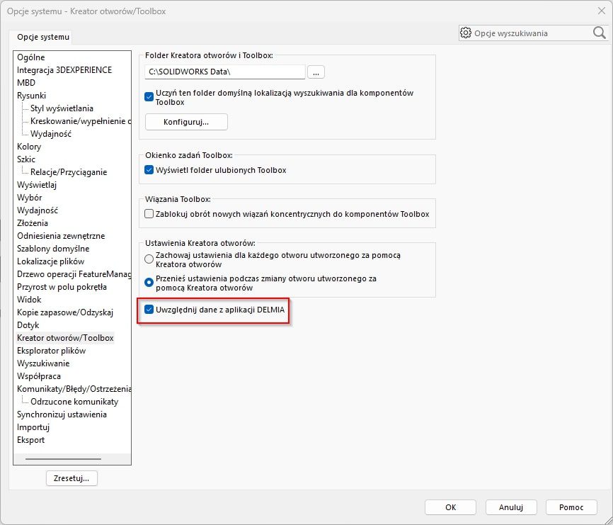 Okno łączące dane SOLIDWORKS z DELMIA