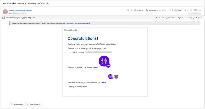 email z dostępem do pobrania plików instalacyjnych myCADtools