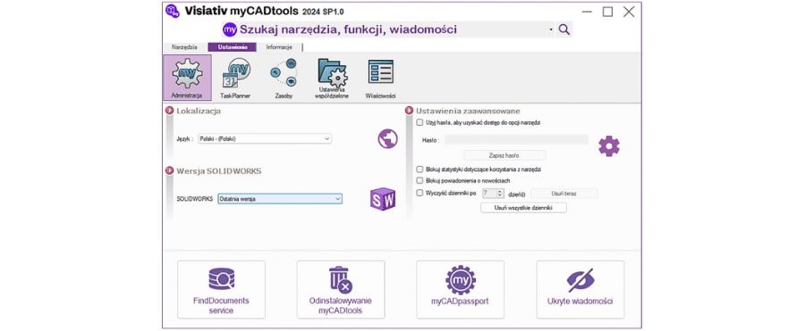 Okno konfiguracji ustawień myCADtools