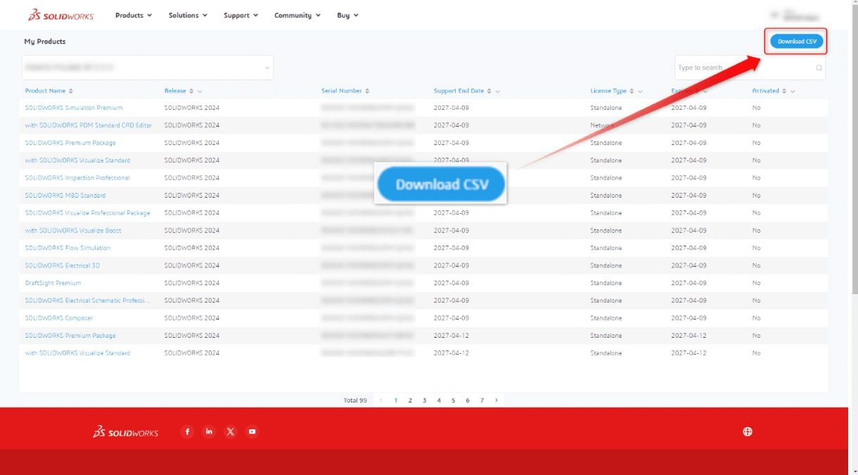 Lista CSV z posiadanymi produktami SOLIDWORKS